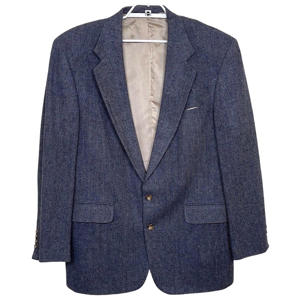 Lands End Herringbone Blazer Mens 44 Long Blue Wool Lambswool Sport Coat